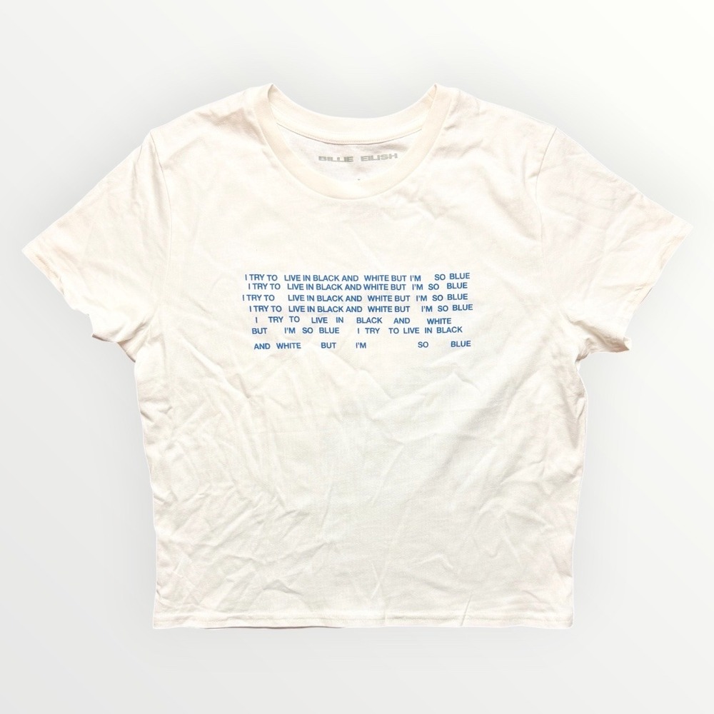 Billie Eilish Hit Me Hard and Soft Blue Lyrics T-Shirt Cream Size Large